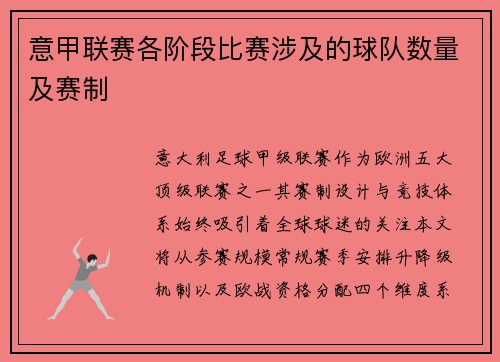 意甲联赛各阶段比赛涉及的球队数量及赛制